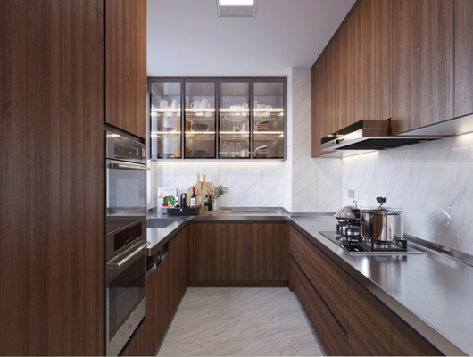 Classic And Elegant Chinese-Style Stainless Steel Cabinet: Wood Grain And Deep Wood Tone