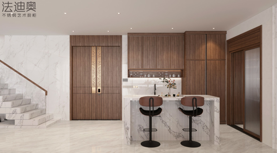 Classic And Elegant Chinese-Style Stainless Steel Cabinet: Wood Grain And Deep Wood Tone