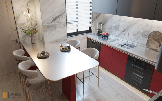 Minimalist Line Galley Modern Kitchen Cabinet In Red And Black With Extended Countertop