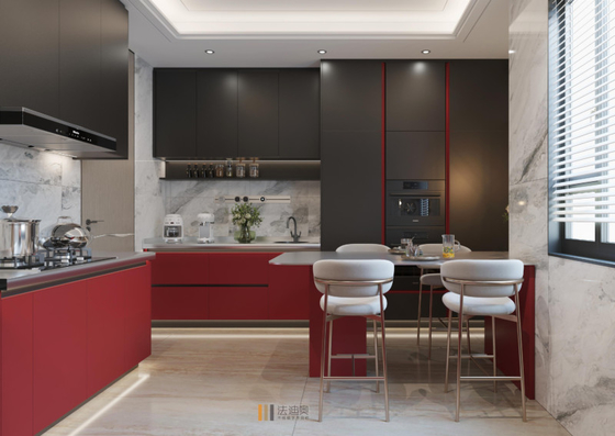 Minimalist Line Galley Modern Kitchen Cabinet In Red And Black With Extended Countertop