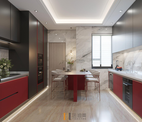 Minimalist Line Galley Modern Kitchen Cabinet In Red And Black With Extended Countertop