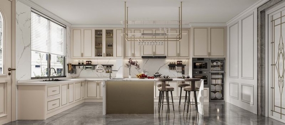 Chic Elegant Beige Modern Kitchen Cabinet  With Opulent White Marble Stainless Steel