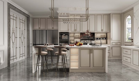 Chic Elegant Beige Modern Kitchen Cabinet  With Opulent White Marble Stainless Steel