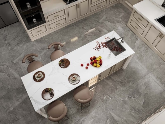 Chic Elegant Beige Modern Kitchen Cabinet  With Opulent White Marble Stainless Steel