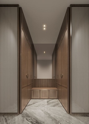 Elegant Light Brown Wood Grain Wardrobe With Yellow Accents And Rich Dark Wood Contrast