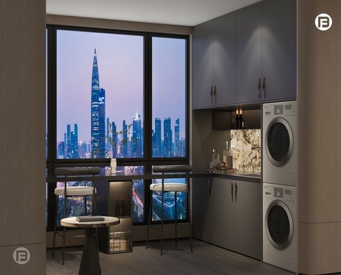SS Balcony Storage Cabinet With Laundry Section And LED Backlighting