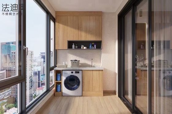 Easy Clean Balcony Storage Cabinet With Wood Grain Finish And Meridian Gray Carcass