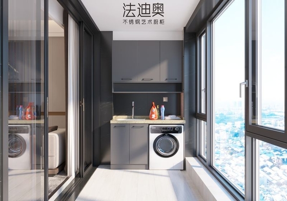 Meridian Gray Finish Stainless Steel Laundry Cabinet With Built In Water Guard Design