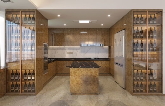 Modern Kitchen Cabinet With Integrated Wine Display L-Shaped Stainless Steel For High-End Home Customization