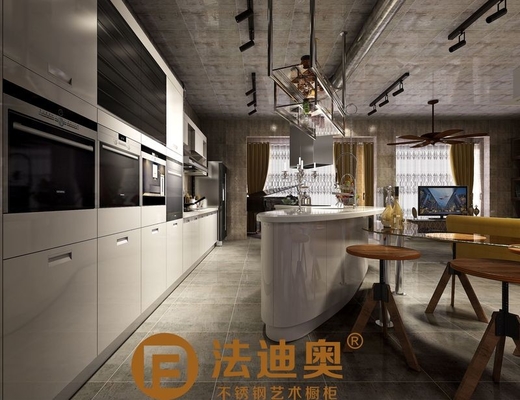 Industrial-Style Stainless Steel Kitchen With Butterfly Island In Metallic Wgite