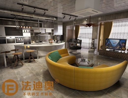 Industrial-Style Stainless Steel Kitchen With Butterfly Island In Metallic Wgite