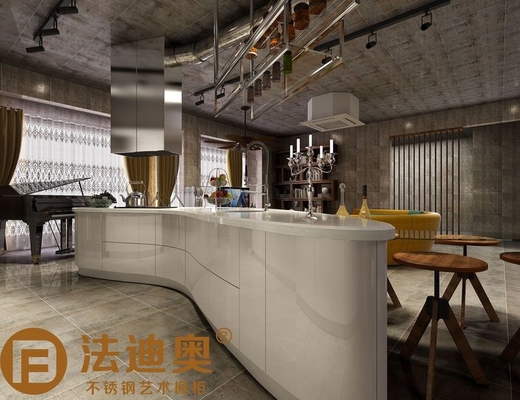 Industrial-Style Stainless Steel Kitchen With Butterfly Island In Metallic Wgite
