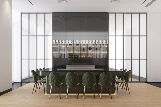 Full-Wall Stainless Steel Wine Cabinet With Storage And Seating In Elegant Black