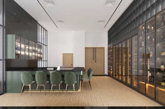 Full-Wall Stainless Steel Wine Cabinet With Storage And Seating In Elegant Black