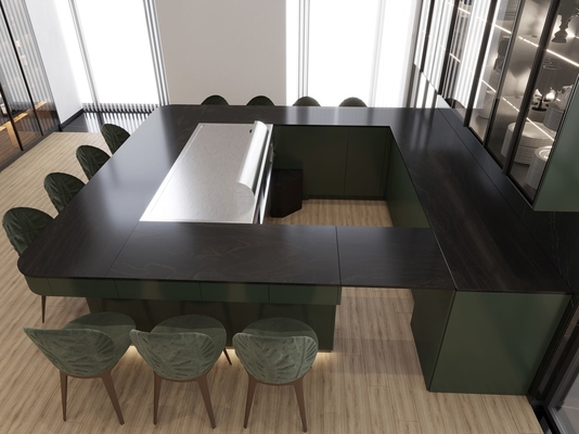 Full-Wall Stainless Steel Wine Cabinet With Storage And Seating In Elegant Black