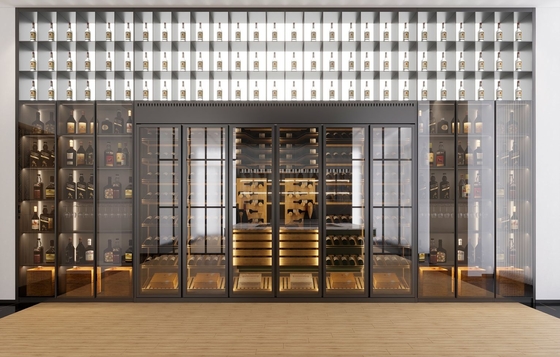 Full-Wall Stainless Steel Wine Cabinet With Storage And Seating In Elegant Black