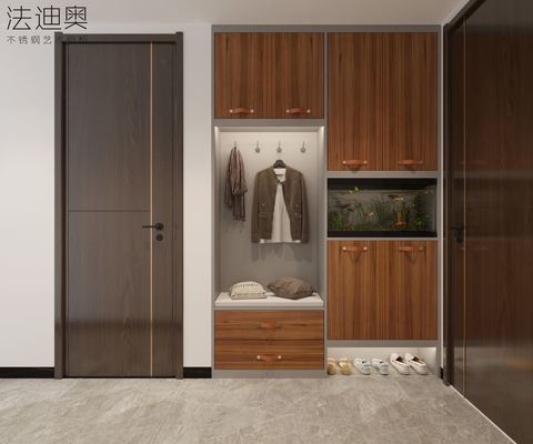 Full-Stainless Steel Shoe Cabinet With Leather Handles And Storage In Warm Walnut Finish