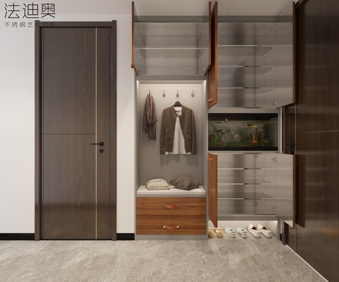 Full-Stainless Steel Shoe Cabinet With Leather Handles And Storage In Warm Walnut Finish