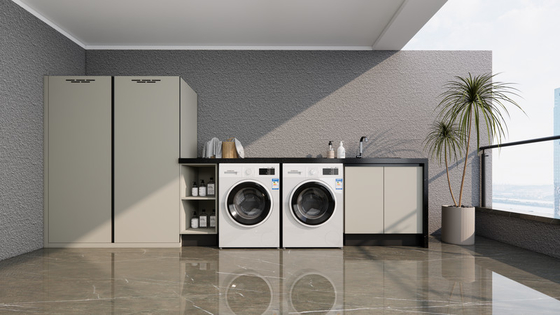 Beige Stainless Steel Balcony Storage Cabinet With Laundry Integration