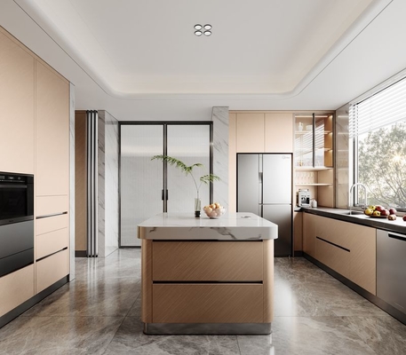 Fadior Champagne Gold Stainless Steel Modern Kitchen Cabinets With Island And Premium Finishes