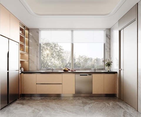 Fadior Champagne Gold Stainless Steel Modern Kitchen Cabinets With Island And Premium Finishes