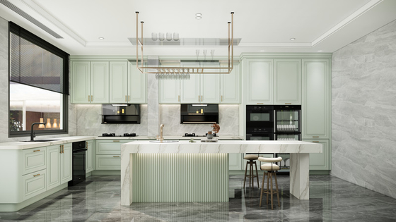 Elegant U-Shaped Mint Green Modern Kitchen Cabinet With Quartz Island