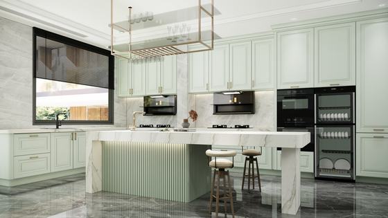 Elegant U-Shaped Mint Green Modern Kitchen Cabinet With Quartz Island
