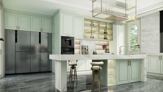 Elegant U-Shaped Mint Green Modern Kitchen Cabinet With Quartz Island