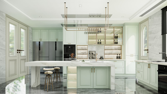 Elegant U-Shaped Mint Green Modern Kitchen Cabinet With Quartz Island