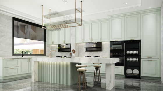 Elegant U-Shaped Mint Green Modern Kitchen Cabinet With Quartz Island