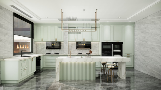 Elegant U-Shaped Mint Green Modern Kitchen Cabinet With Quartz Island