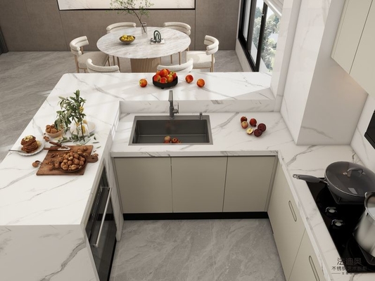 Modern Beige Stainless Steel Kitchen Cabinet With High-Low Design Quartz Countertop