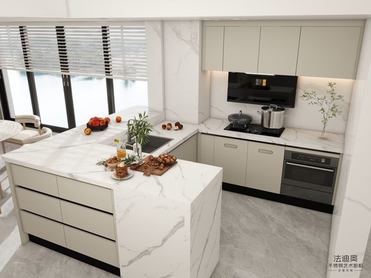 Modern Beige Stainless Steel Kitchen Cabinet With High-Low Design Quartz Countertop