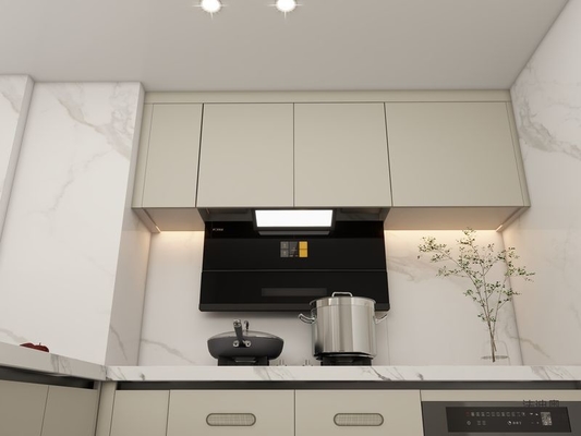 Modern Beige Stainless Steel Kitchen Cabinet With High-Low Design Quartz Countertop