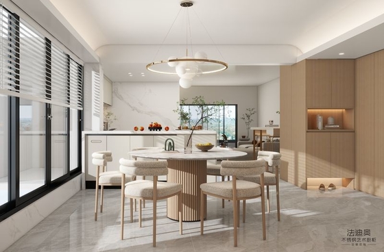 Modern Beige Stainless Steel Kitchen Cabinet With High-Low Design Quartz Countertop