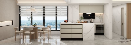 Modern Beige Stainless Steel Kitchen Cabinet With High-Low Design Quartz Countertop