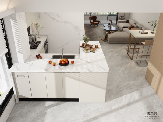 Modern Beige Stainless Steel Kitchen Cabinet With High-Low Design Quartz Countertop