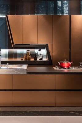 Rose Gold Modern Kitchen Cabinet With Geometric Lines And Stainless Steel Durability