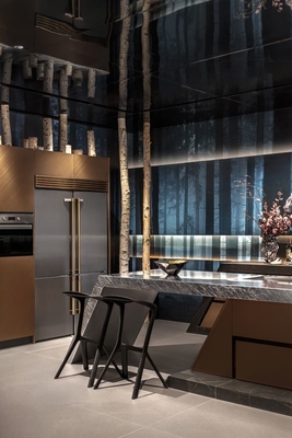 Rose Gold Modern Kitchen Cabinet With Geometric Lines And Stainless Steel Durability
