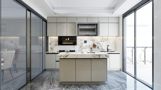 Dual-Line Design Soft Beige Stainless Steel Kitchen Cabinets