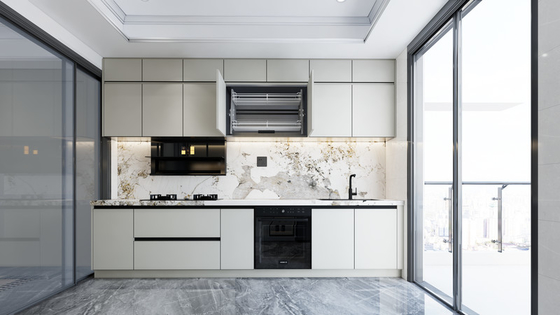 Dual-Line Design Soft Beige Stainless Steel Kitchen Cabinets