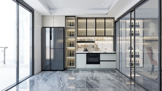 Dual-Line Design Soft Beige Stainless Steel Kitchen Cabinets