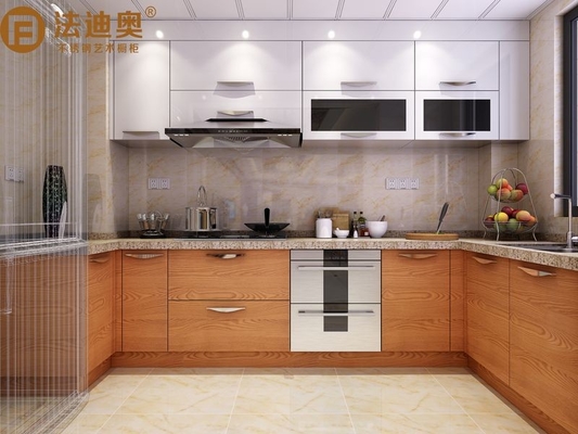 Short U-Shape Warm Wood Grain And White Kitchen Cabinet With Upward-Opening Door Design