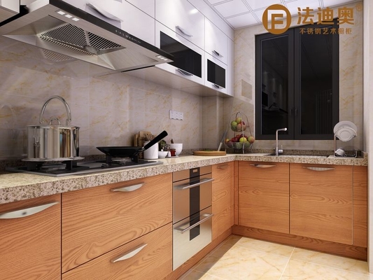 Short U-Shape Warm Wood Grain And White Kitchen Cabinet With Upward-Opening Door Design