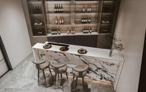 Wood Grain Stainless Steel Wine Cabinet With High-Low Quartz Design Island