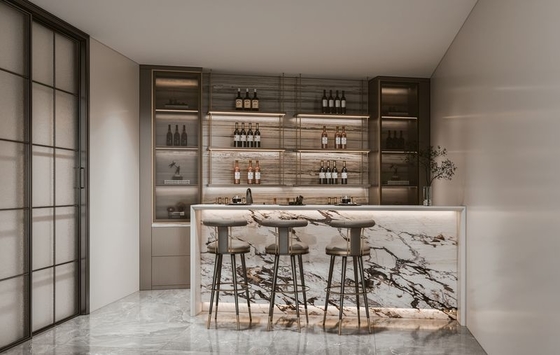 Wood Grain Stainless Steel Wine Cabinet With High-Low Quartz Design Island