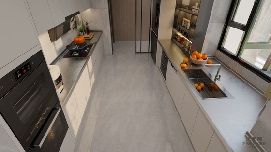 Double-Line Layout Beige Stainless Steel Modern Kitchen Cabinet