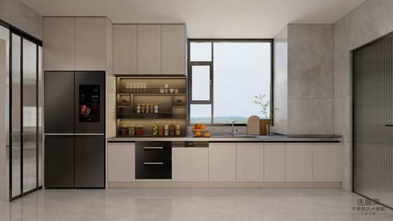 Double-Line Layout Beige Stainless Steel Modern Kitchen Cabinet