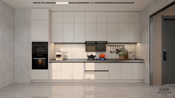 Double-Line Layout Beige Stainless Steel Modern Kitchen Cabinet