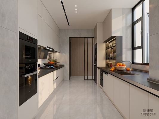 Double-Line Layout Beige Stainless Steel Modern Kitchen Cabinet